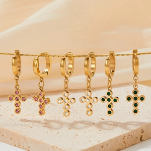 Baroque style stainless steel cross earrings with pink, white and green zircon stones