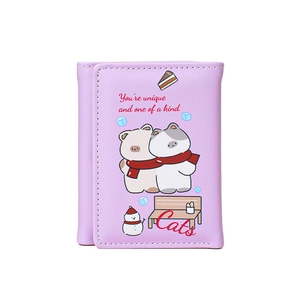 Cute lavender cartoon cat tri-fold PU leather short wallet with inspirational slogans