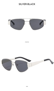 Detail view of silver double bridge sunglasses with gray lenses in front and side perspectives