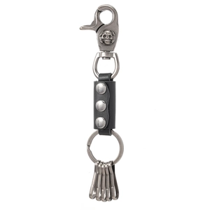 Vintage leather keychain with punk skull buckle and multiple metal hooks for men