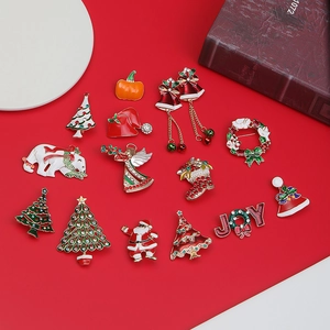 Set of 15 festive Christmas enamel brooches featuring Santa Claus and reindeer designs
