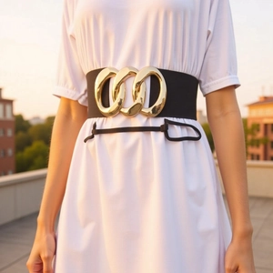 Women's wide elastic waist belt with large triple gold chain link buckle on black band