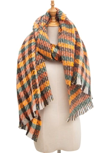 Close-up of multicolored plaid knit scarf with soft fringe edges and a classic tartan pattern