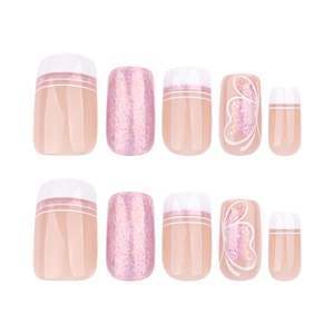 Short square press-on nails with white French stripes, pink glitter, and butterfly art