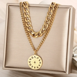 Detail of gold double-layered titanium steel necklace with circular zodiac pendant