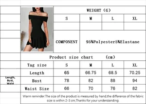 Size chart for off-shoulder mini dress with polyester and elastane fabric details