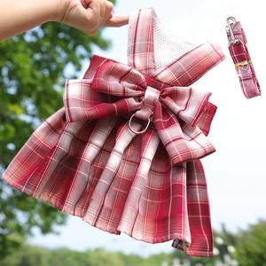 Outdoor shot of a red plaid pet harness dress and matching leash with D-ring