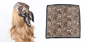 Leopard print satin square hair scarf shown as worn headband and flat layout view