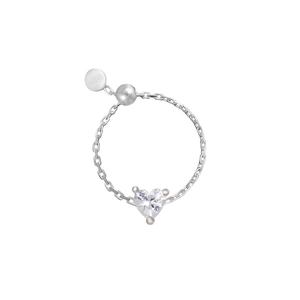 Macro detail of S925 sterling silver adjustable ring with heart-shaped cubic zirconia