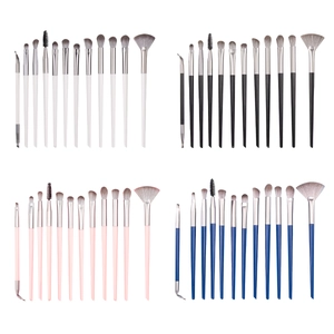Close-up of 12-piece eye makeup brush set with four color options and synthetic bristles