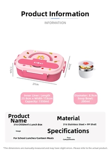 Detailed size specifications of 316 stainless steel 4-compartment kids lunch box with soup bowl