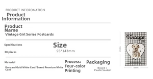 Detail specifications for 30-piece vintage postcard set with dimensions and premium card stock