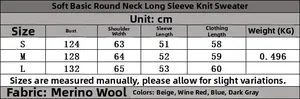 Size chart for soft knit sweater with measurements in cm for S M and L sizes