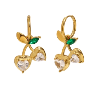 Elegant 18K gold plated stainless steel cherry earrings with heart shaped crystal zircons