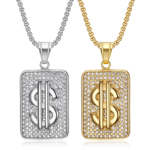 Hip Hop Stainless Steel USD Symbol Pendant Necklace Pave Rhinestone Dollar Sign Box Chain Jewelry For Men Women Gold Silver