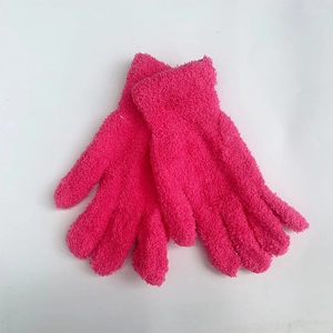 Detail of rose pink chenille gloves showing soft plush texture and elastic wrist cuffs