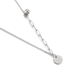 Silver stainless steel necklace with Good Luck pendant and asymmetric paperclip chain