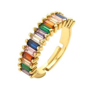 Rainbow cubic zirconia open ring in gold plated finish with colorful rectangle stones