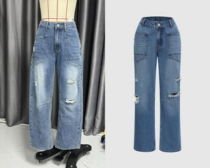 Détail du jean taille haute avec genoux déchirés et grandes poches latérales fonctionnelles