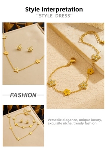 Close-up of gold flower jewelry set with sparkling diamonds on necklaces and earrings