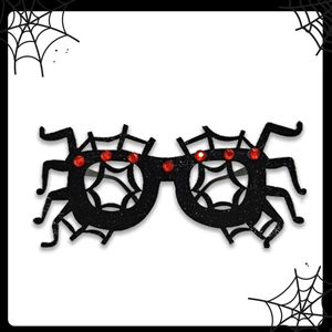 Détail des lunettes toile d'araignée d'Halloween avec paillettes noires et strass rouges