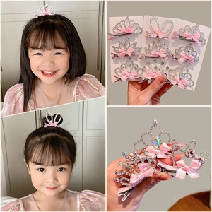 Kids Rhinestone Crown Hair Clips Alloy Princess Sweet Satin Bow Headwear For Girls Toddler Birthday Party Gift