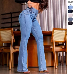 Jean Évasé À Taille Haute Pour Femmes Taille Élastique Coupe Slim Trois Boutons Pantalon Long En Denim