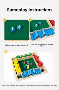 Close-up of the gameplay rules and numbered wooden tiles for the Shut the Box tabletop game