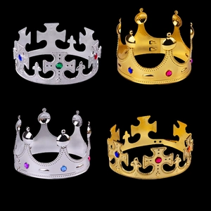 Set of four gold and silver plastic crowns for kids with colorful faux gemstones
