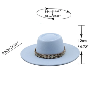 Light blue wool felt flat brim fedora with ethnic band showing dimensions and size details