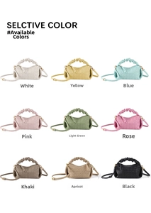 Overview of woven leather handbags in nine colors including pink, green and blue
