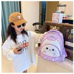 Detail of cute lavender cartoon backpack featuring 3D ears on a young girl in a cafe