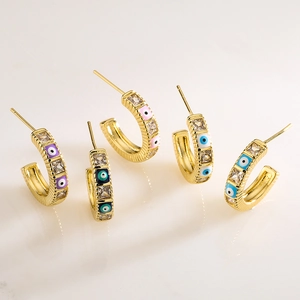 Gold-plated C-shaped hoop earrings with colorful evil eye enamel and zircon stones