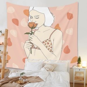 Vue détaillée d'une tapisserie décorative fille à la rose au-dessus du lit