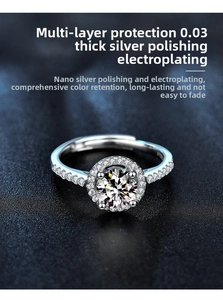Detailed macro shot of 2 carat Moissanite ring with thick silver plating and halo setting