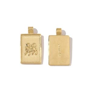 Detailed front and back view of 18k gold plated Leo zodiac rectangular charm pendant