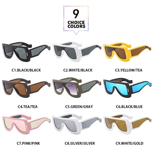 Matrix display of futuristic oversized flat top sunglasses in nine vibrant color options