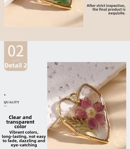 Macro shot of heart-shaped resin earring with pink dried flower and gold glitter