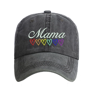 Detail of Mama embroidery and rainbow heart on a vintage washed grey cotton baseball cap