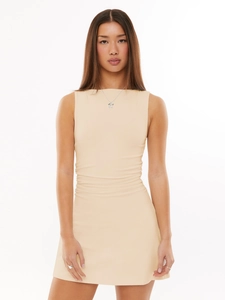 Detail of Y2K sleeveless beige bodycon dress featuring slim fit and side waist pleats