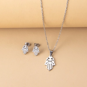 Hamsa Hand necklace and earrings set in hollowed stainless steel with silver finish