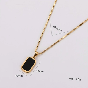 Gold chain necklace with black rectangular geometric pendant and detailed size specifications