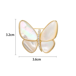 Elegant gold butterfly brooch with natural shell wings and zircon details, 3.2x3.6cm size