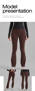 Détails du legging de yoga évasé marron foncé à taille haute, vues avant et arrière