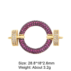 Detail of round gold clasp with purple zircons and side rings, 28.8x18x2.6mm size