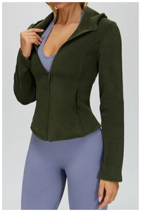 Close-up of olive green slim fit hooded fleece jacket with high-quality zipper detail