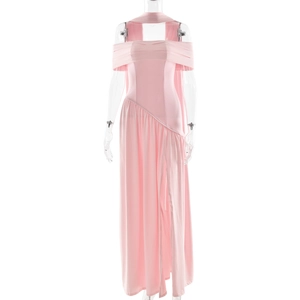 Pink off-shoulder midi dress with halter straps and high side slit on professional model