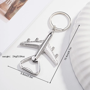 Detailed dimensions of silver airplane bottle opener keychain showing weight and size
