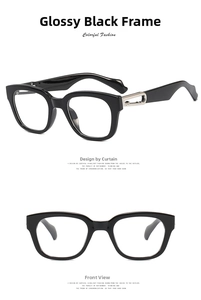 Detailed view of black square eyewear frames with silver hollow metal temple accents
