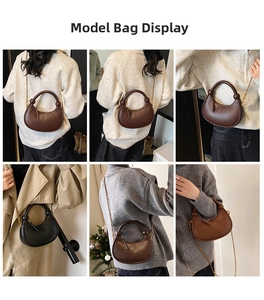 Detail showing various model styling with the minimalist half-moon crossbody bag